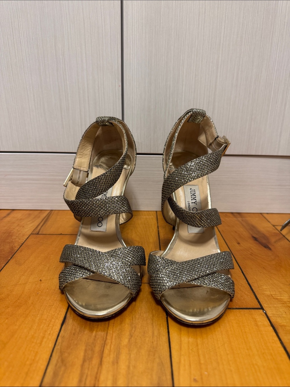 Jimmy Choo Gold Glitter Strappy High Heel Sandals